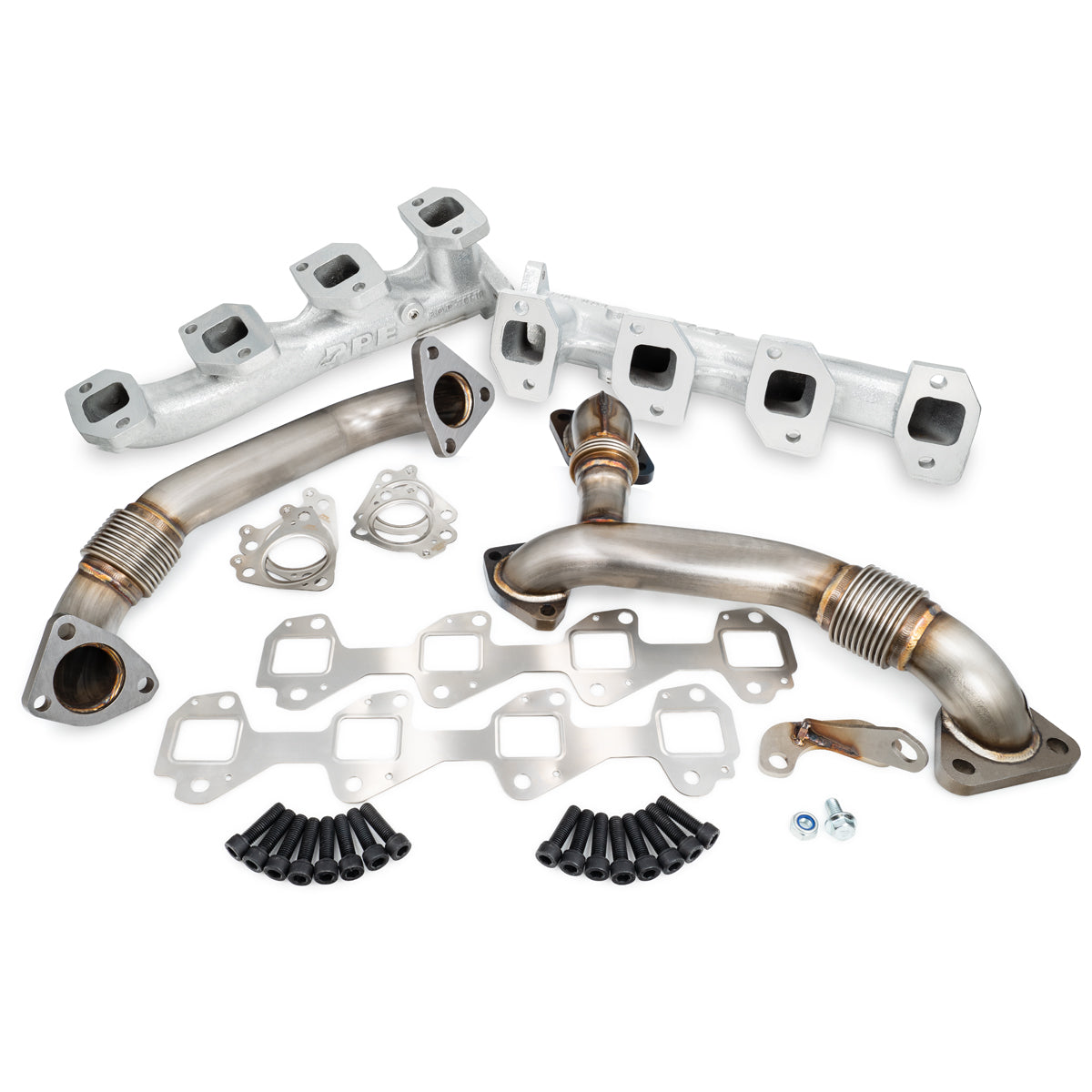 Pacific Engineering PPE Power High Flow Exhaust Manifold and Up-Pipe Kit - 2007.5-2010 GM 6.6L LMM California Emissions - Silver 116111835 | 116111835