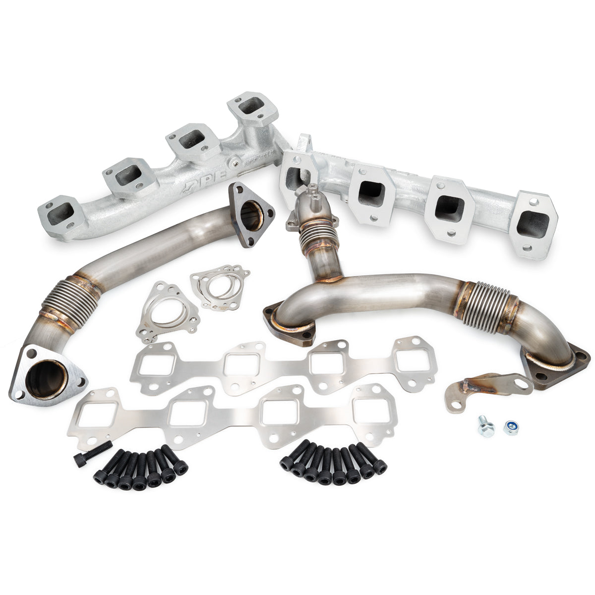 Pacific Engineering PPE Power High Flow Exhaust Manifold and Up-Pipe Kit - 2011-2016 GM 6.6L LML California Emissions - Silver 116112035 | 116112035