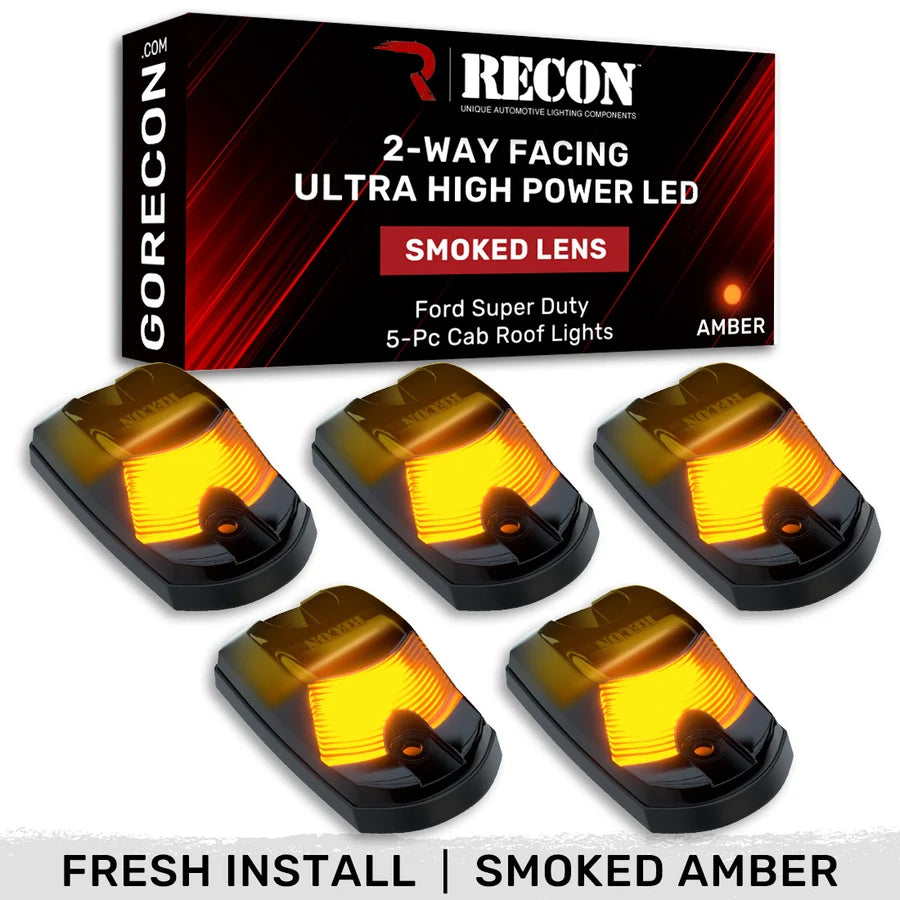 Recon Lighting Recon Lighting Ford 17-25 Superduty 5-Piece Smoked Cab Roof Light Lens w 2-Way Amber HP LEDs - Fresh Install Kit for Non-OEM Trucks - Complete w Screws and Wiring Harness 264342BKHPAM | 264342BKHPAM