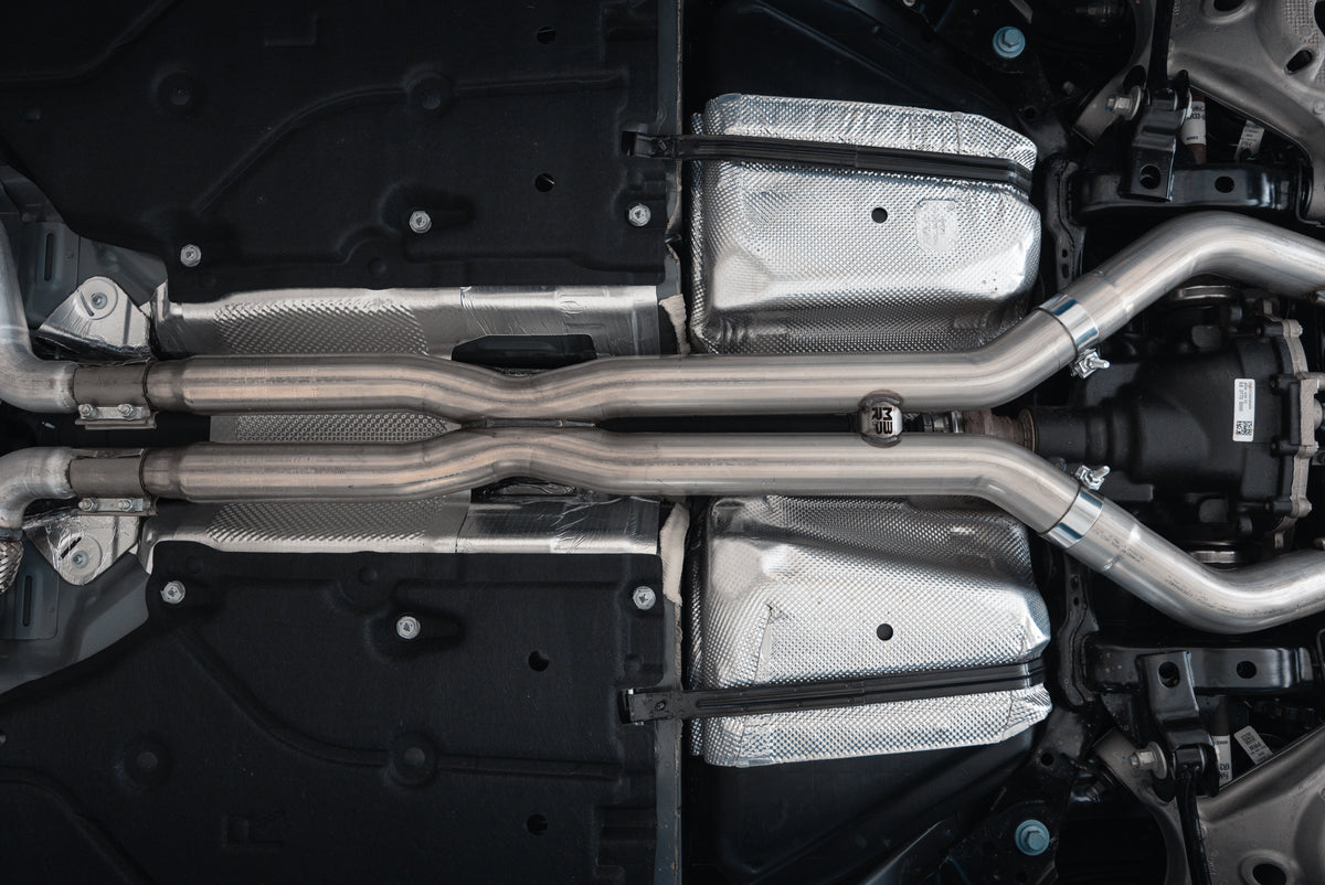 MBRP MBRP 2024 2026 Ford Mustang Dark Horse 5.0L T304 Stainless Steel 3 Cat-Back Quad Split Rear Exit with Carbon Fiber Tips Active S72843CF | S72843CF
