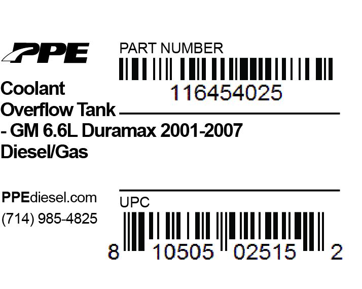 Pacific Engineering PPE Power Coolant Overflow Tank - GM GAS and GM 6.6L Duramax 2001-2007 116454025 | 116454025