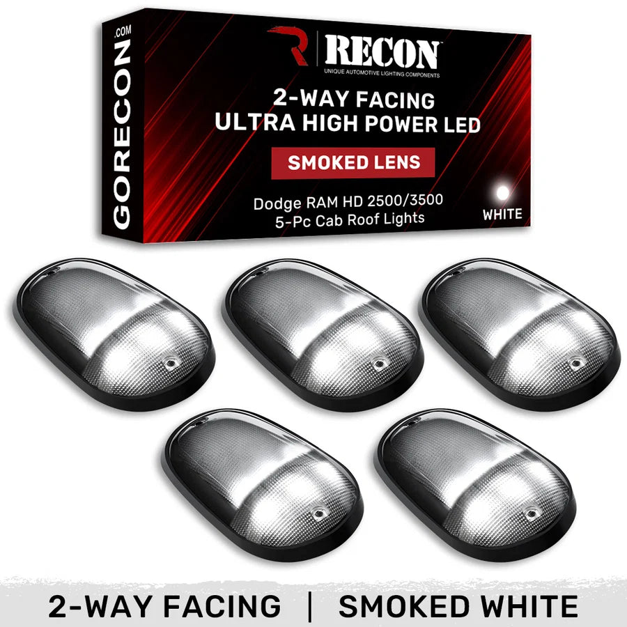 Recon Lighting Recon Lighting Dodge 03-18 RAM HD 2500 and 3500 5-Piece Set Smoked Cab Roof Light Lens with 2-Way White ULTRA High-Power LEDs - Complete Wiring Kit Sold Separately 264146BKHPWH | 264146BKHPWH