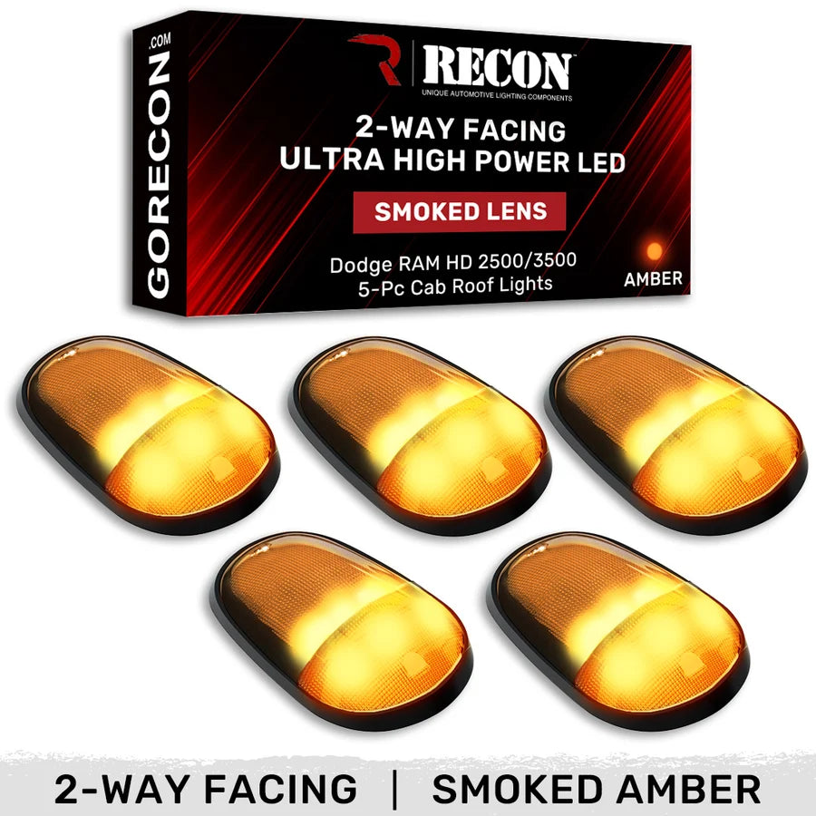 Recon Lighting Recon Lighting Dodge 03-18 RAM HD 2500 and 3500 5-Piece Set Smoked Cab Roof Light Lens with 2-Way Amber ULTRA High-Power LEDs - Complete Wiring Kit Sold Separately 264146BKHPAM | 264146BKHPAM