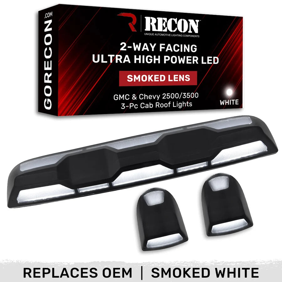 Recon Lighting Recon Lighting GMC and Chevy 20-23 4th GEN HD 3-Piece Set Smoked Cab Roof Light Lens with 2-Way White ULTRA High-Power LEDs - OEM Plug-N-Play 264158BKHPWH | 264158BKHPWH
