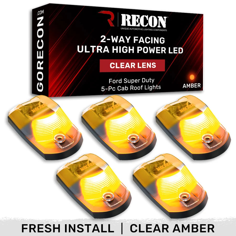 Recon Lighting Recon Lighting Ford 17-25 Superduty 5-Piece Clear Cab Roof Light Lens w 2-Way Amber HP LEDs - Fresh Install Kit for Non-OEM Trucks - Complete w Screws and Wiring Harness 264342CLHPAM | 264342CLHPAM