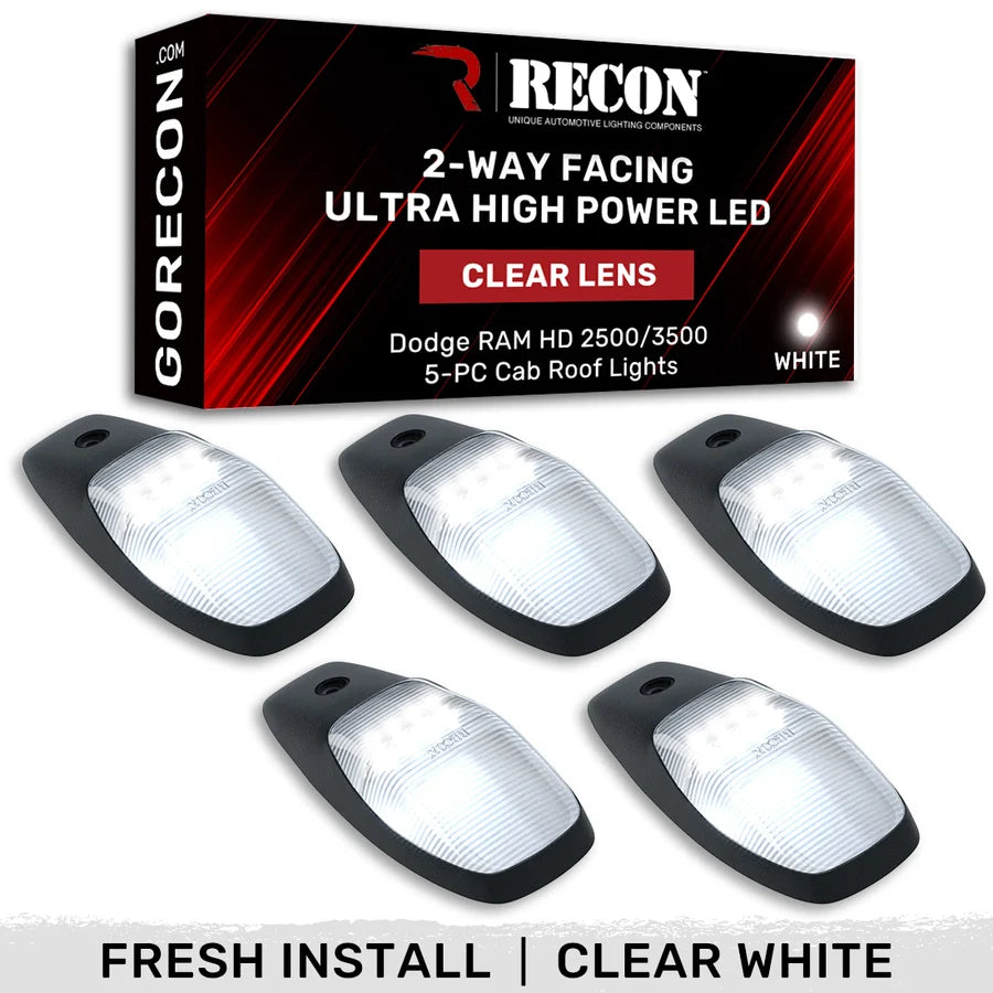 Recon Lighting Recon Lighting Dodge 19-23 RAM HD 25003500 5-Piece Clear Cab Roof Light Lens w 2-Way White HP LEDs - Fresh Install Kit for Non-OEM Trucks - Complete w Screws and Wiring 264345CLHPWH | 264345CLHPWH