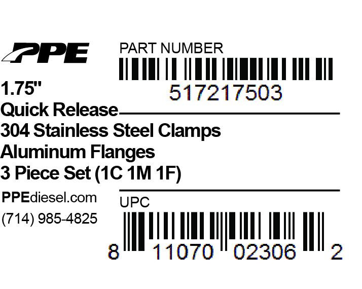 Pacific Engineering PPE Power 1.75 QR V-Band 304 Stainless Steel Clamp - Aluminum Flanges - 3 piece Set (1C 1M 1F) 517217503 | 517217503
