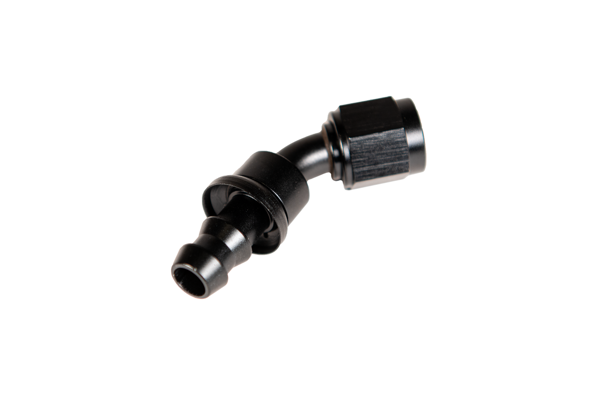 Fleece Performance Fleece Performance -6 45deg to Hose Barb Black FPE-PL-45-06 | FPE-PL-45-06
